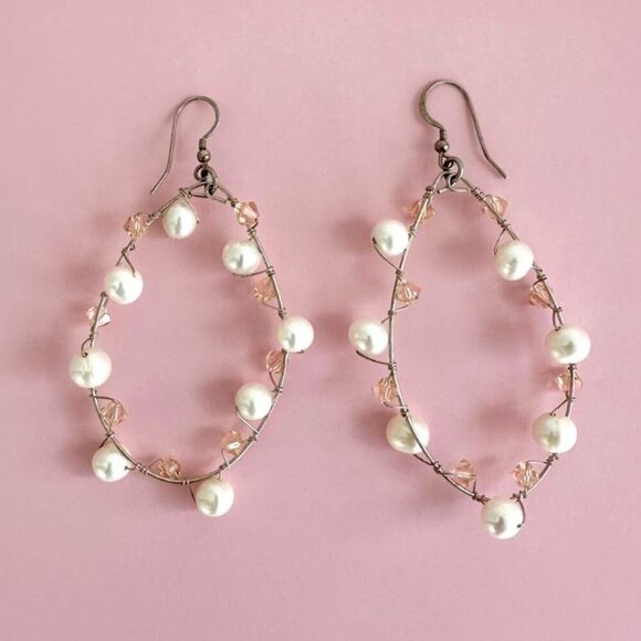 Vintage 1990's Pearl and Pink Crystal Beads Drop Wired Hoop Pierced Earrings - Picture 1 of 6
